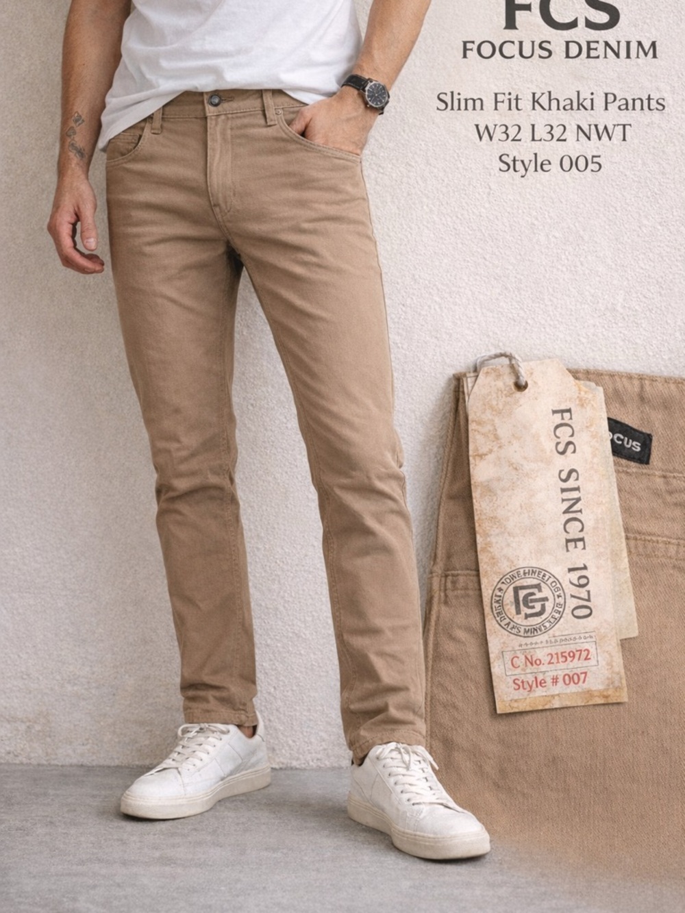 FCS Focus Denim Slim Fit Khaki Pants W32 L32 NWT Style 007